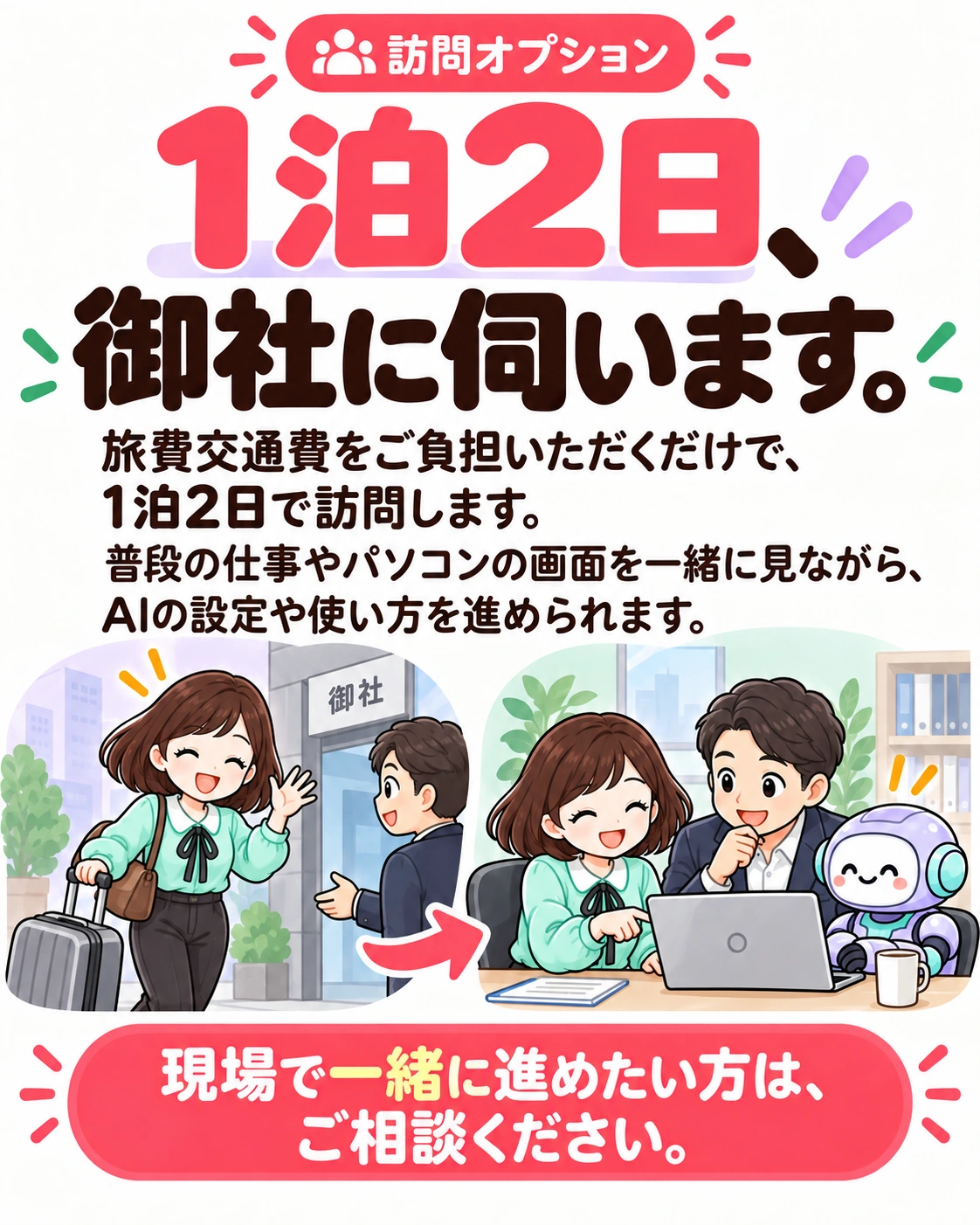 訪問オプション。1泊2日、御社に伺います。 旅費交通費をご負担いただくだけで、1泊2日で訪問します。 普段の仕事やパソコンの画面を一緒に見ながら、AIの設定や使い方を進められます。 現場で一緒に進めたい方は、ご相談ください。