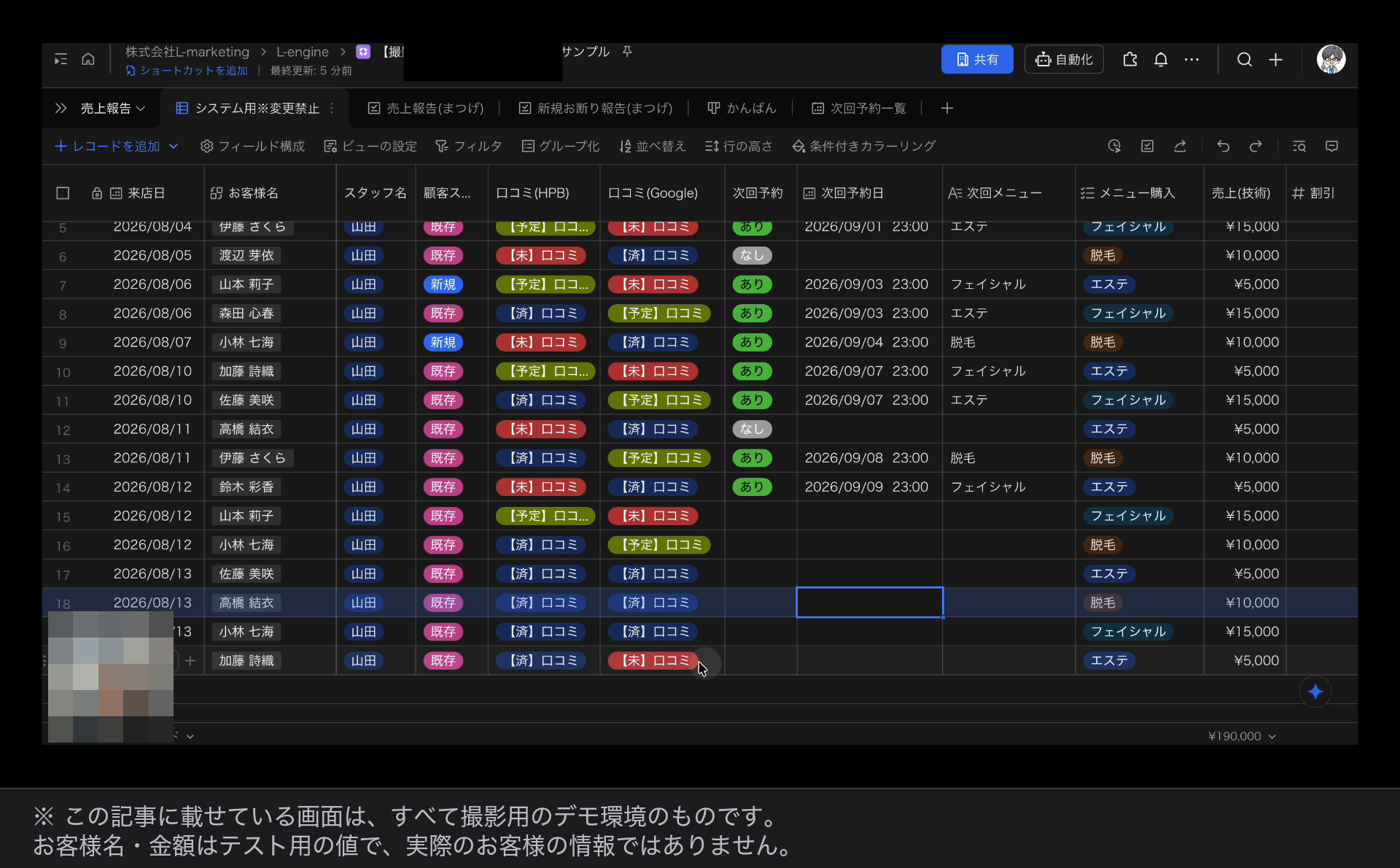 サロンの管理表。ここを埋めていくことで店舗が回る