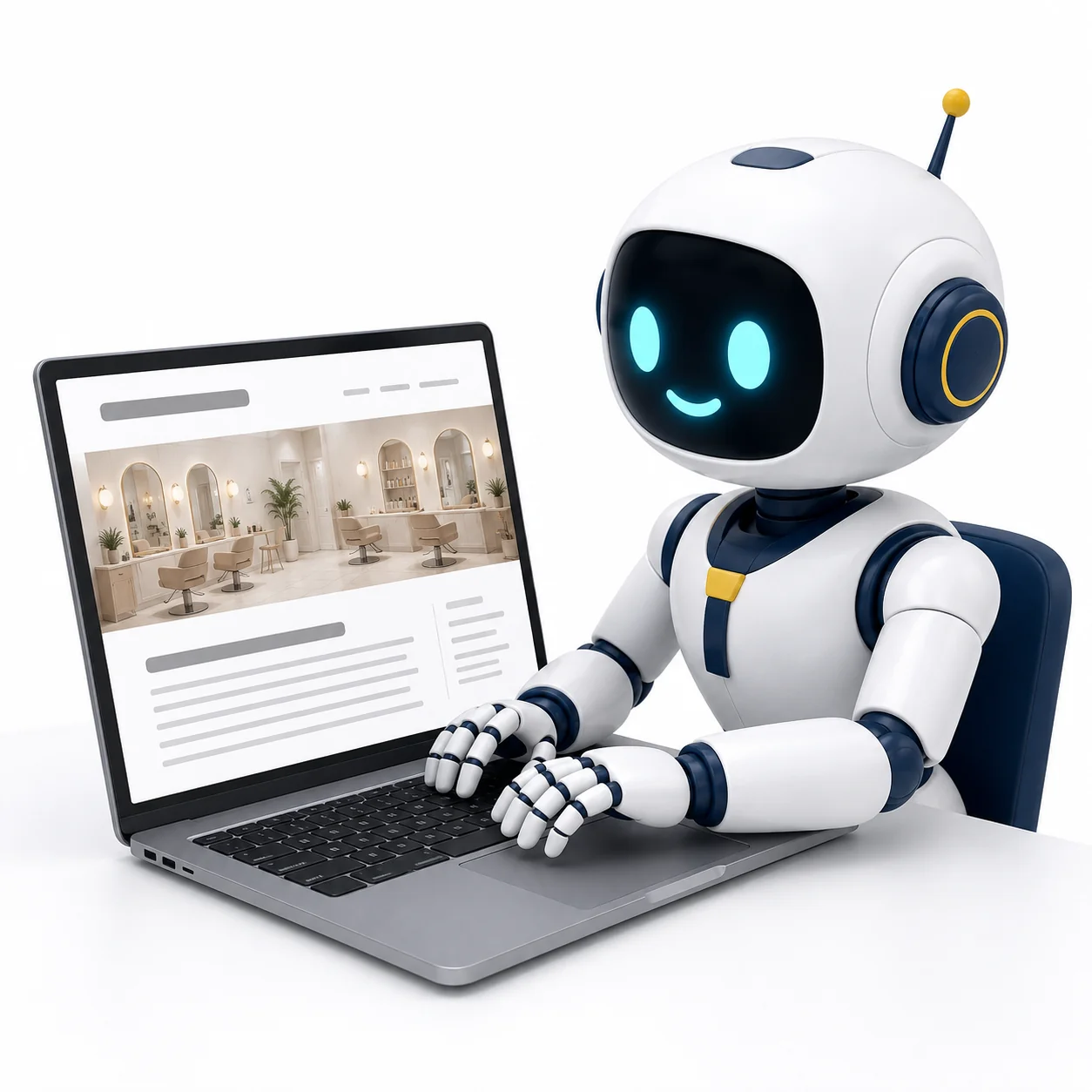 AI社員がパソコンでブログ記事を作成する様子