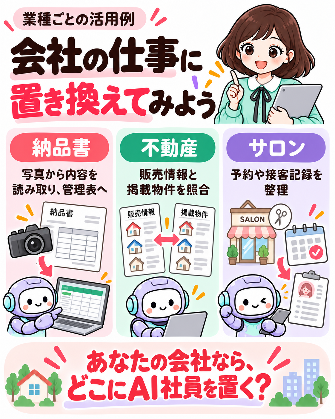 業種ごとの活用例。納品書を写真から管理表へ、不動産の販売情報と掲載物件を照合、サロンの予約と接客記録を整理。